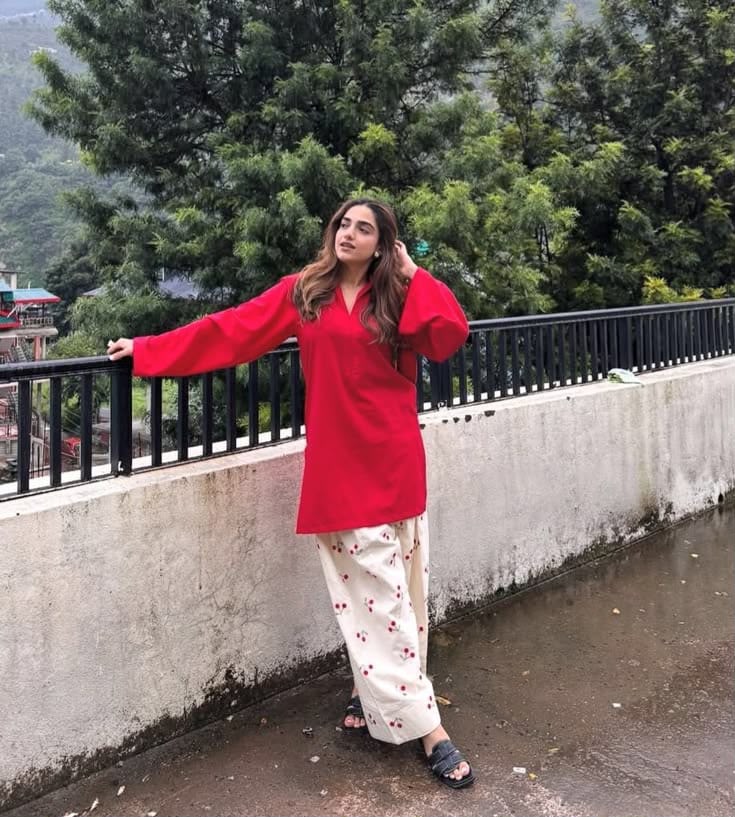 Red Cotton Kurti with Cherry Print Palazzo Co-ord Set
