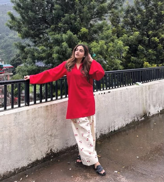 Red Cotton Kurti with Cherry Print Palazzo Co-ord Set