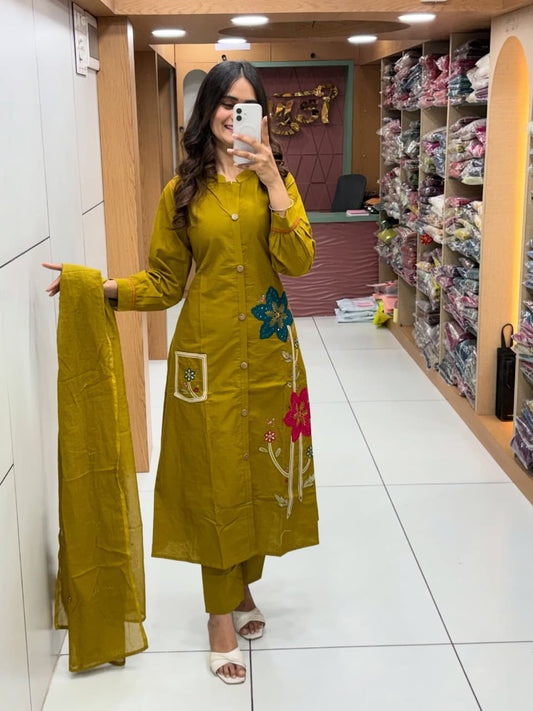 Mustard Green Cotton Kurta Pant Dupatta Set | Embroidered A-Line Suit for Women
