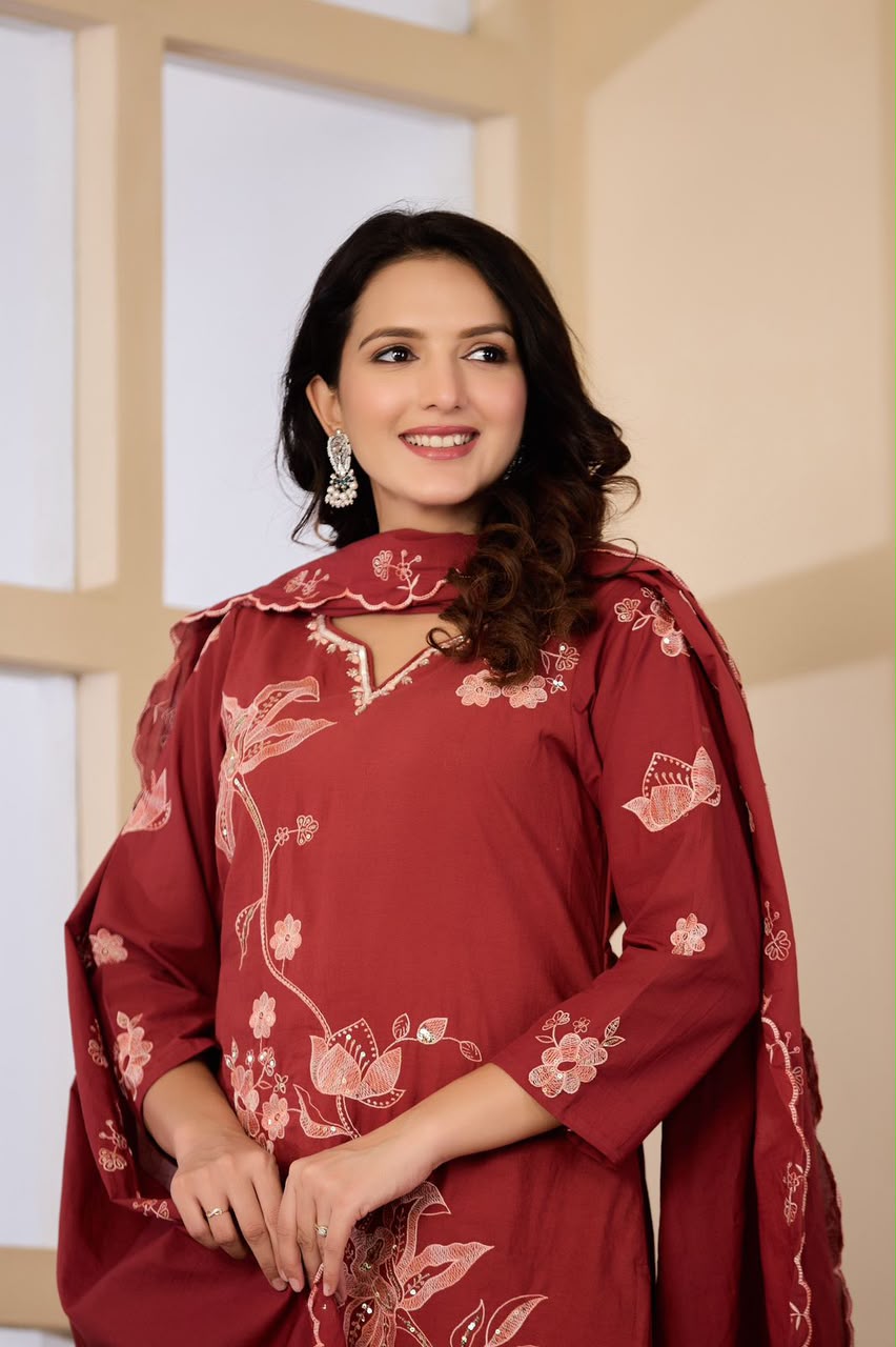 Maroon Embroidered Cotton Kurta Set with Keyhole Neck & Dupatta | Ethnic Wear