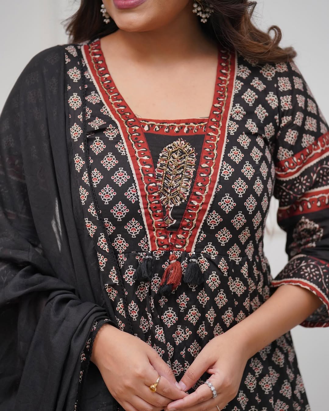 Black Cotton Anarkali Kurta Set | Block Print Flared Suit with Dupatta
