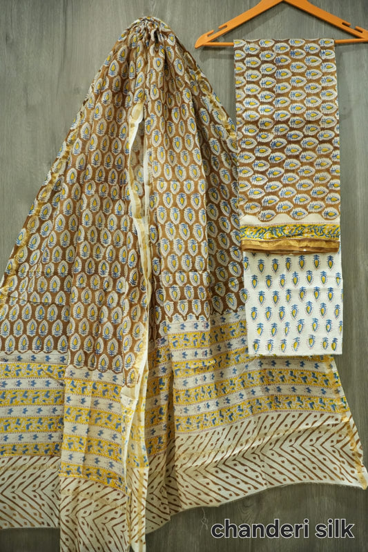 Brown & Yellow Hand Block Print Chanderi Silk Dress Material (BFCHS01)