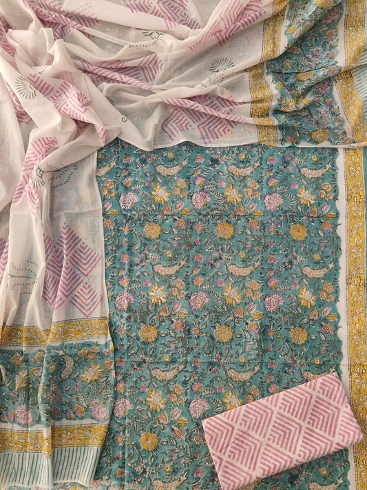 Exclusive Hand Block Cotton Suit With Cotton Dupatta(BFCOT42)