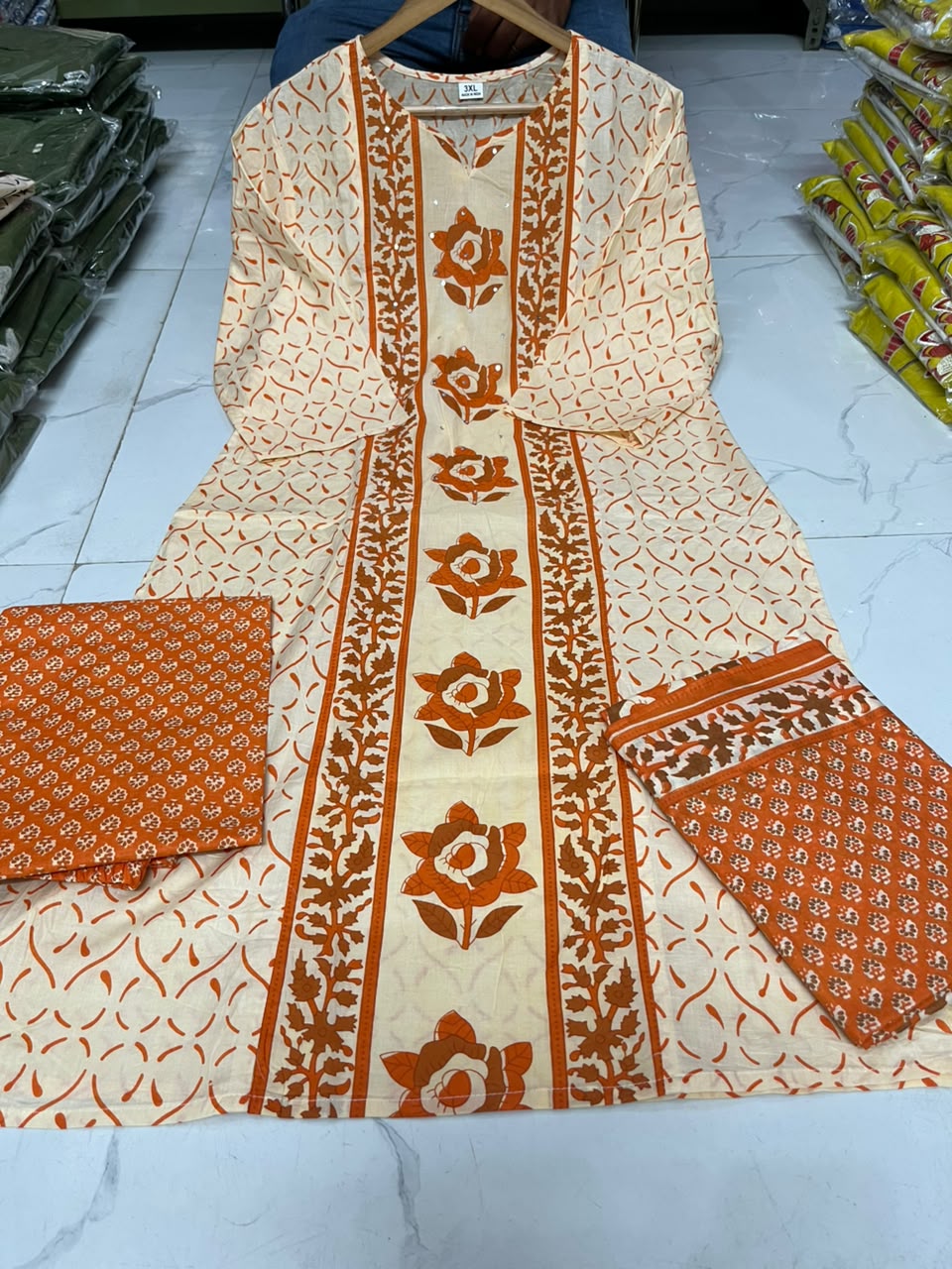 Beige & Orange Floral Print Cotton Kurti Set with Sequence Work