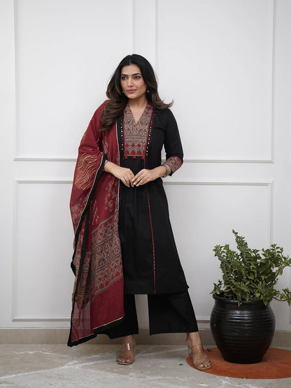Black Cotton Kurta Pant Set with Maroon Printed Dupatta for Women