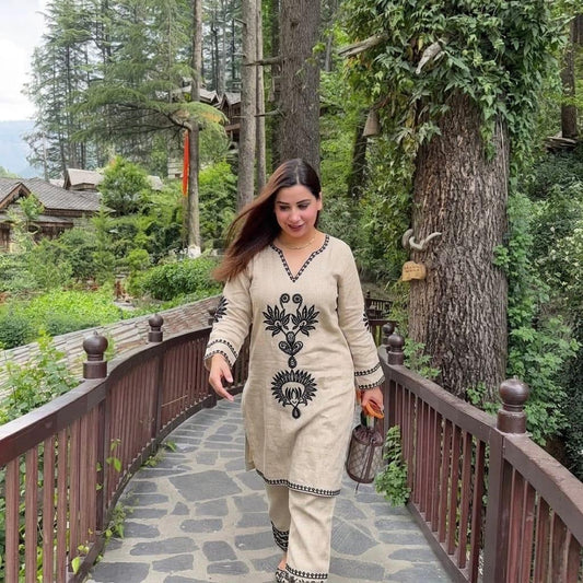 Cream Pure Cotton Aari Work Co-ord Set | Embroidered Kurti with Pant