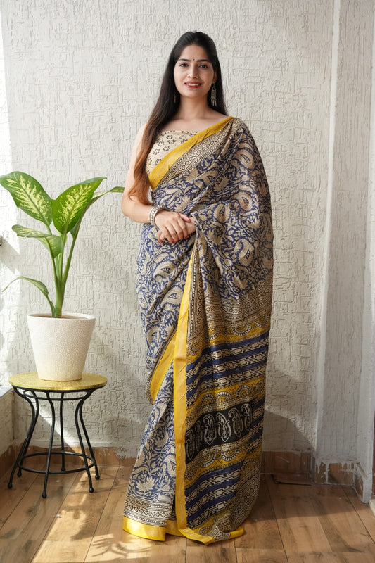New Designer Hand Block Print Maheshwari Silk Saree (BFMSARE40)