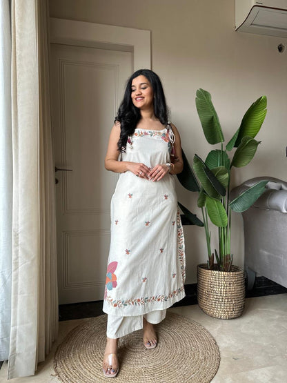White Heavy Embroidery Sleeveless Cotton Flex Kurta Pant Set