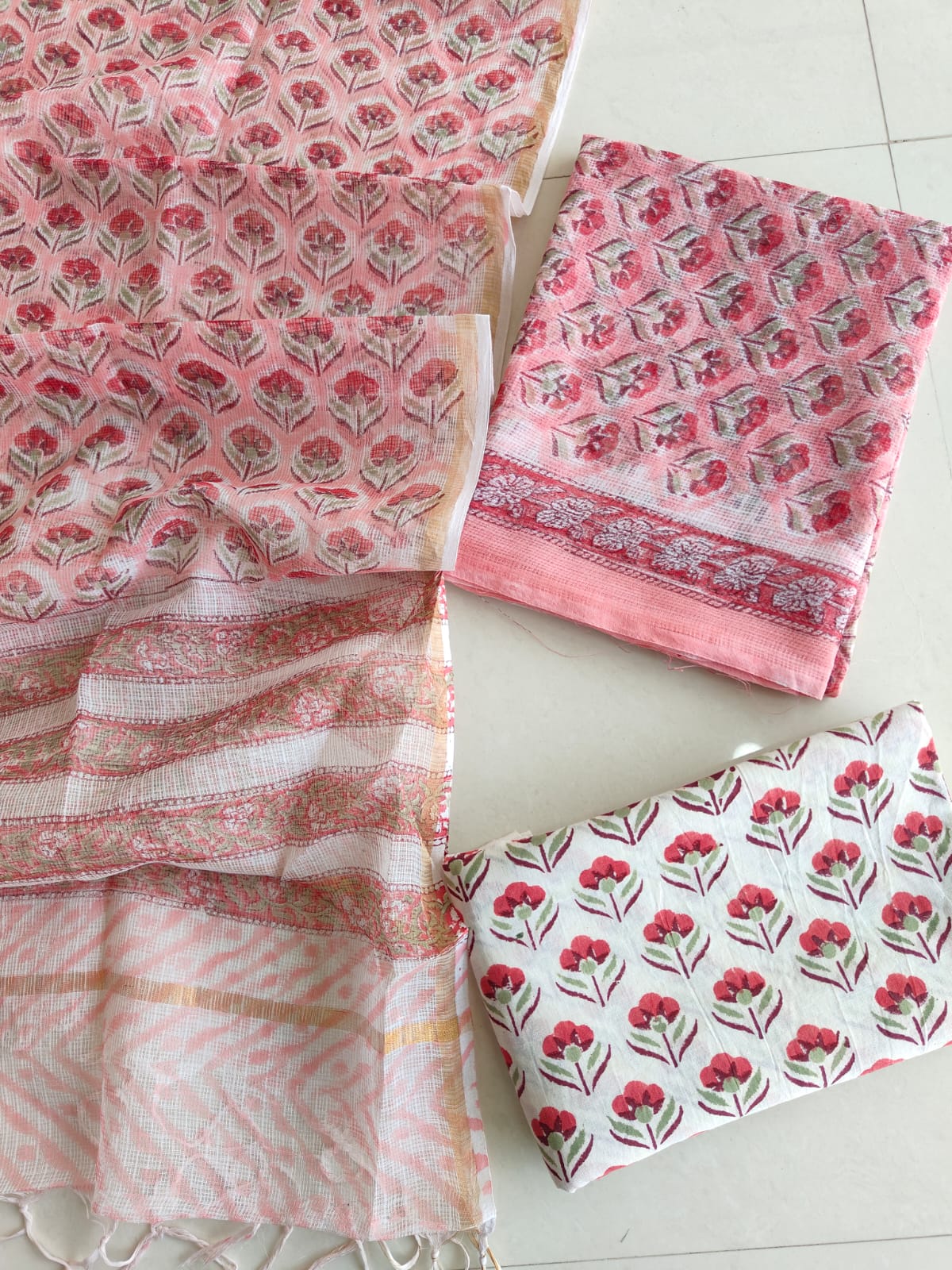 Baby Pink Red Floral Buti Hand Block Print Kota Doriya Suit (BFFKO81)