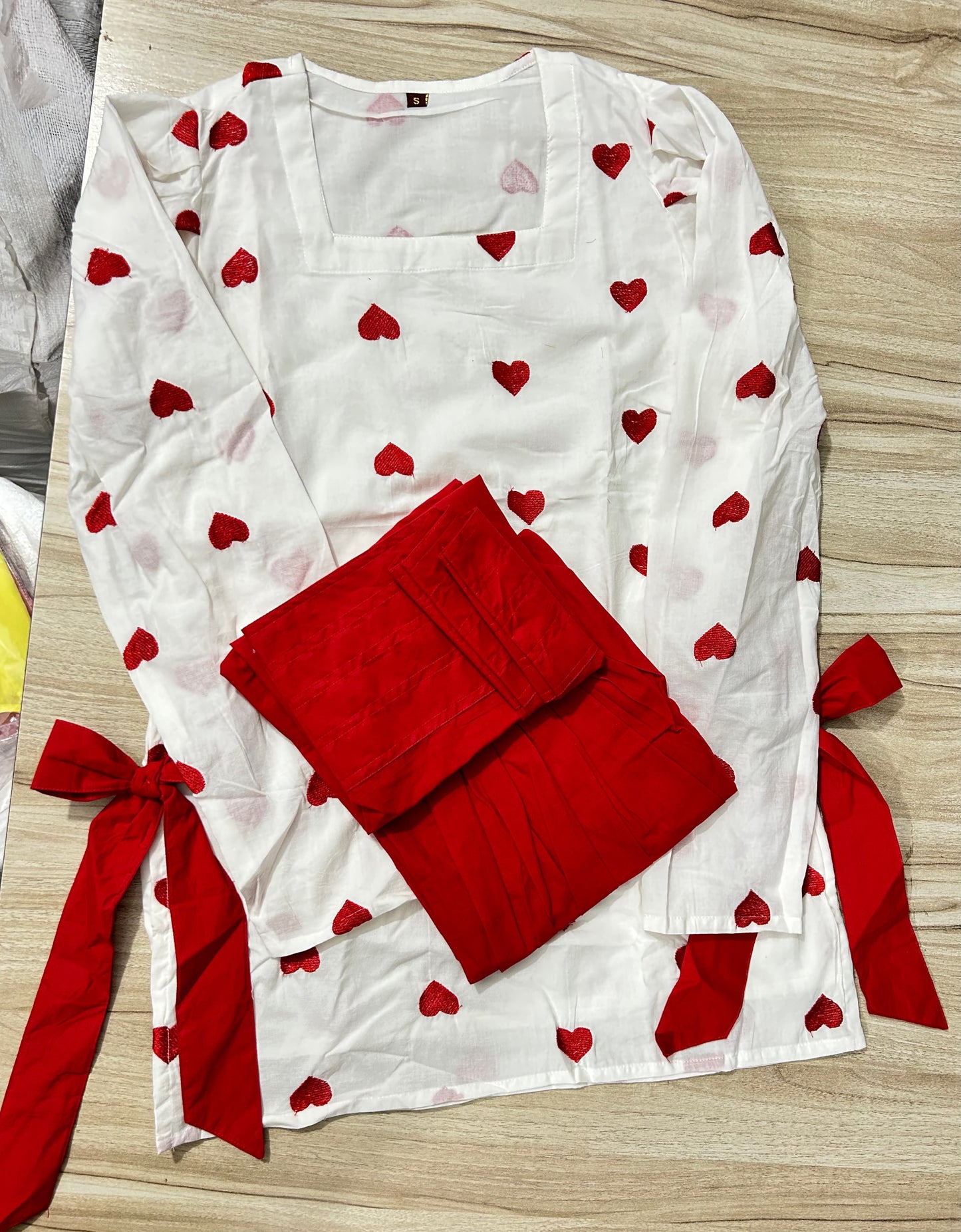 White Cotton Heart Embroidery Farshi Coord Set with Bow