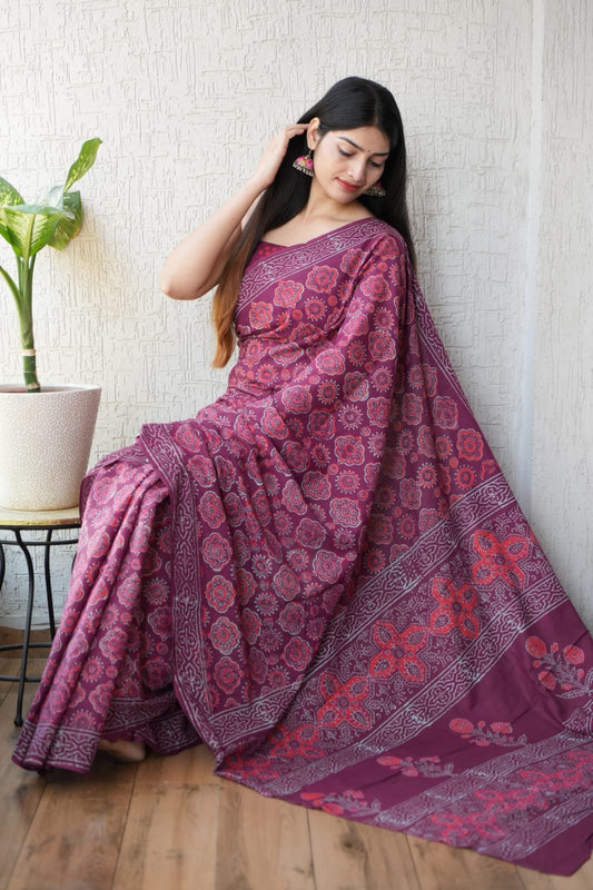 Wine Printed Cotton Saree – Soft Cotton Saree for Women (BFCS26)