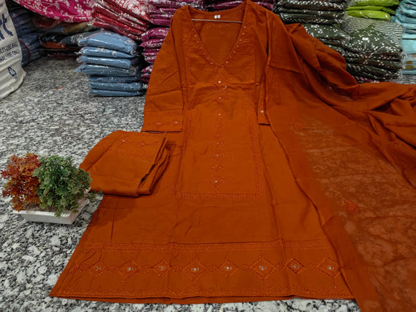 Rust Orange Chikankari Embroidered Cotton Suit Set for Women
