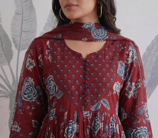 Maroon Red Floral Print Anarkali Kurta Pant Dupatta Set