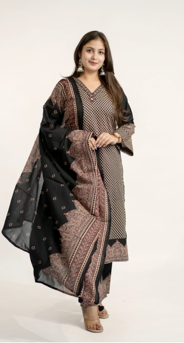 Black Heavy Cotton Printed Kurti Pant Dupatta Set