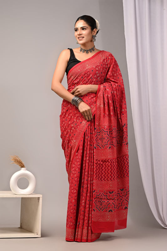 Red Ajrakh Print Cotton Saree (BFCS02)