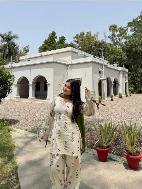Farshi Style Printed Cotton Kurta Salwar Set with Dupatta – White & Olive Green
