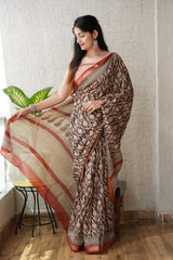 New Designer Hand Block Print Maheshwari Silk Saree (BFMSARE38)