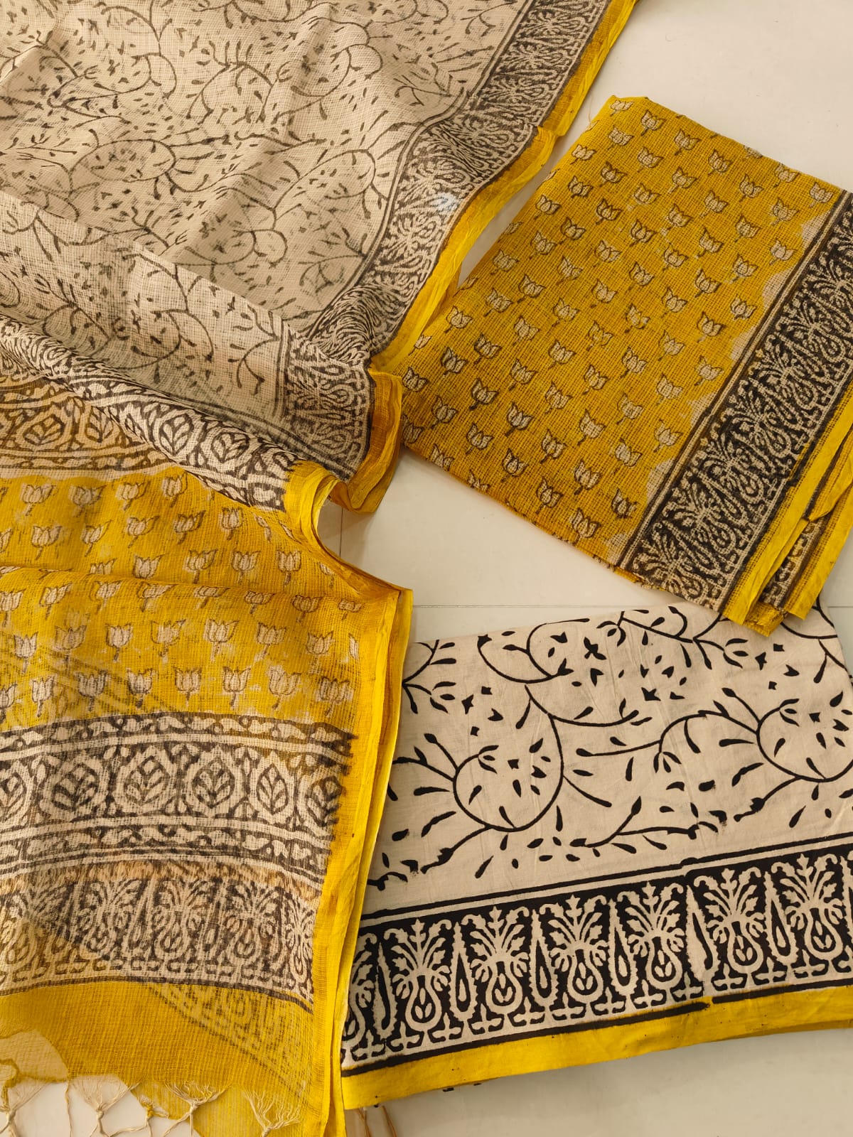 Mustard Yellow Black Lotus Buti Hand block printed (BFFKO56)