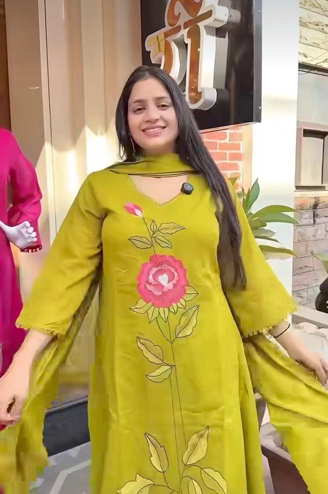 Mustard Yellow Cotton A-Line Suit with Rose Embroidery Work