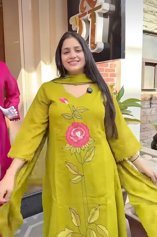 Mustard Yellow Cotton A-Line Suit with Rose Embroidery Work