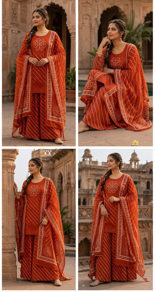 Rust Orange Lahriya Bandhej Cotton Kurti Palazzo Set