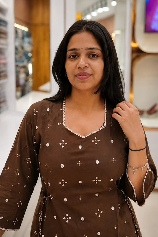Brown Printed Cotton Co-ord Set | Short Kurti with Sharara Palazzo