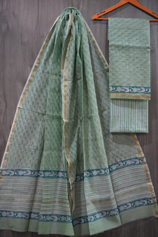 Sage Green & Teal Small Floral Butti Hand Block Print Chanderi Silk Dress Material (BFCHS39)