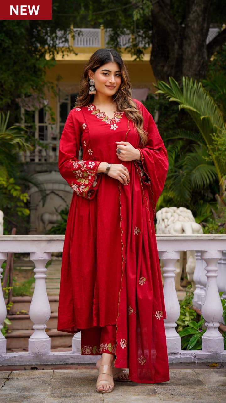 Red Anarkali Embroidered Kurta Pant Dupatta Set