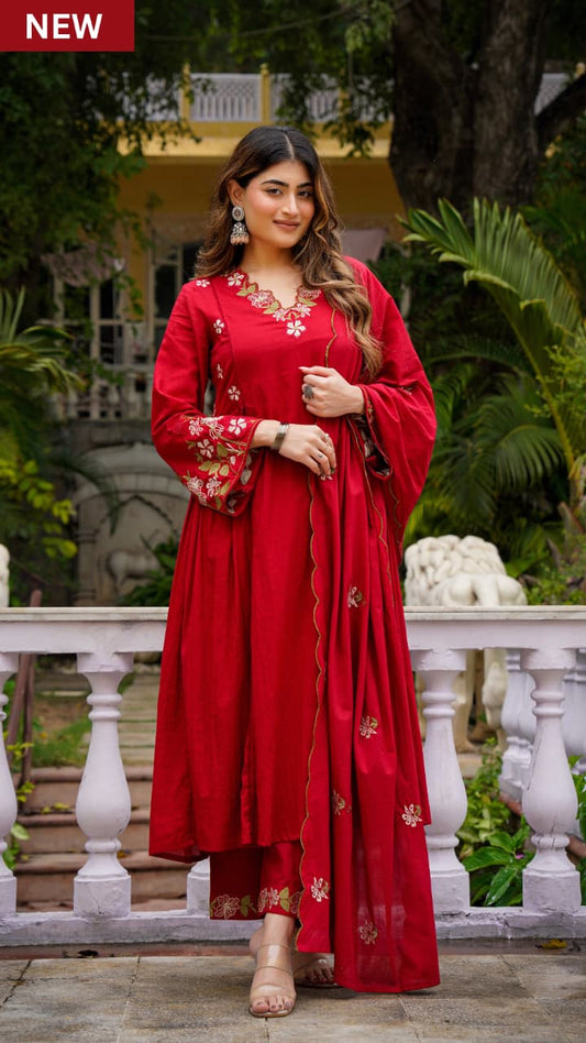 Red Anarkali Embroidered Kurta Pant Dupatta Set
