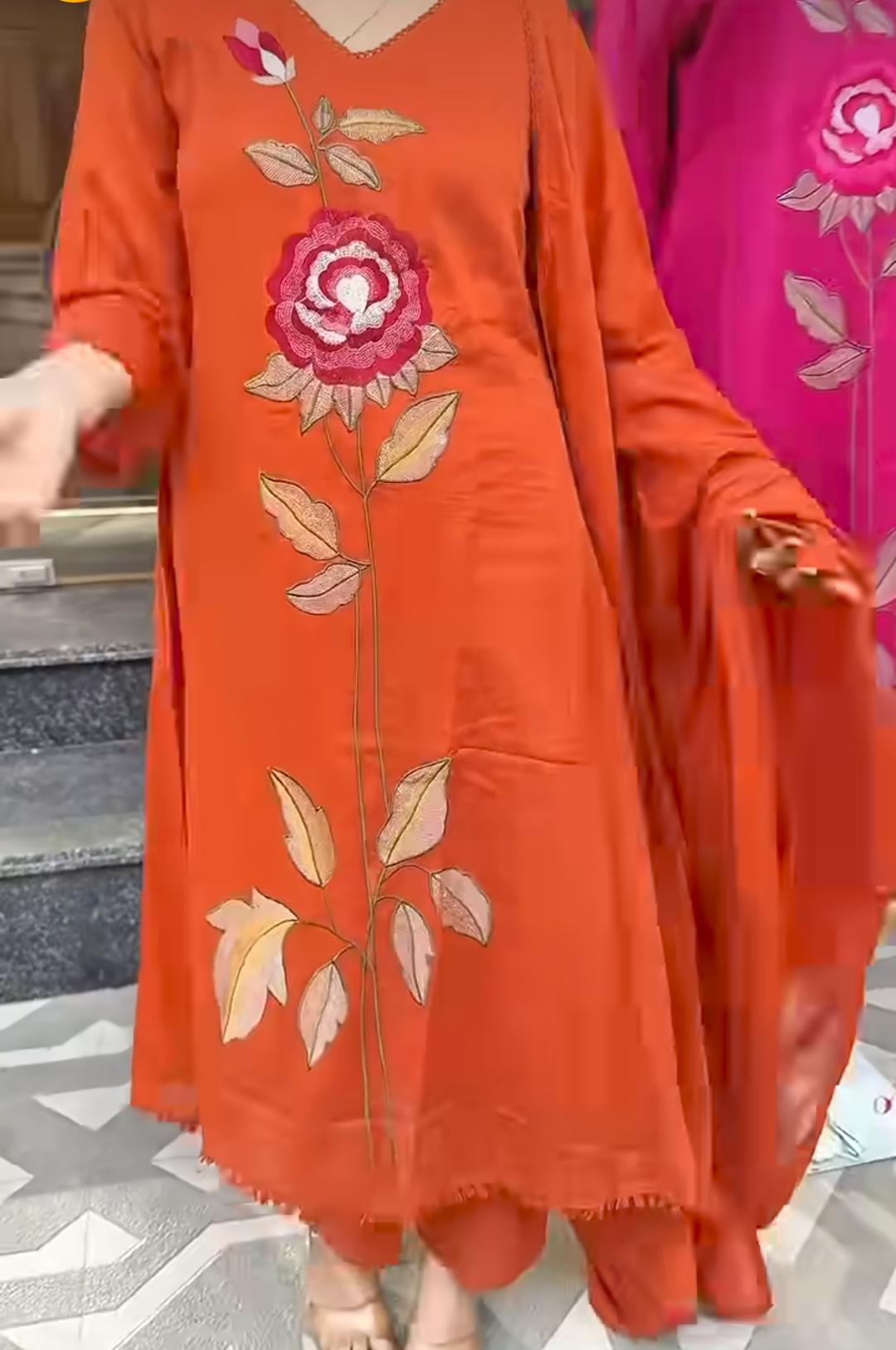 Orange Cotton A-Line Kurti Set with Floral Embroidery