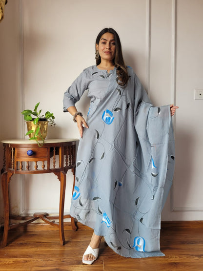Grey Floral Cotton Suit with Cotton Dupatta for Women