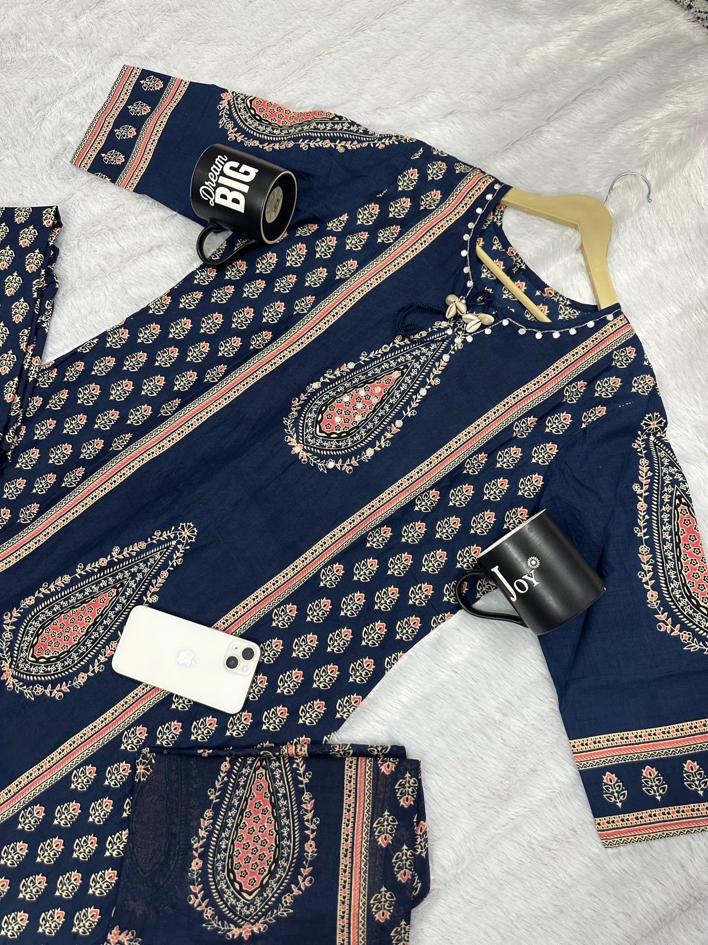 Navy Blue Cotton Printed Kurti Pant Dupatta Set