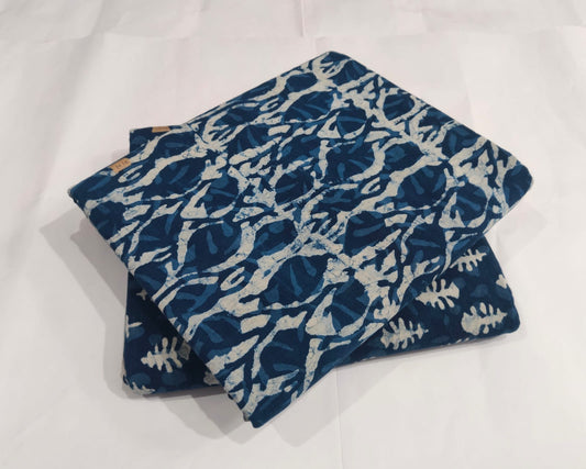Indigo Blue Abstract Printed Cotton Fabric – Handblock Style Dress Material(BFTB094)