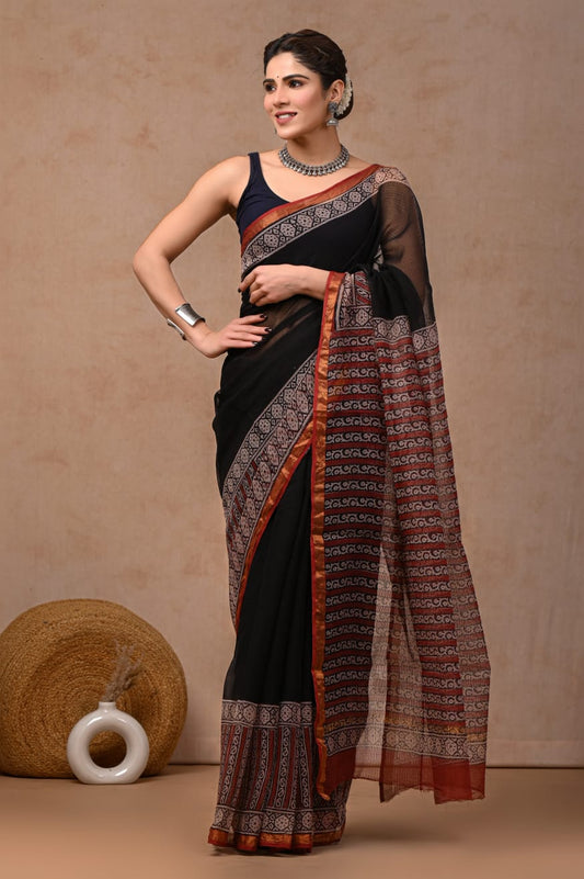 Black Kota Doriya Saree | Ajrak Hand Block Print Border | Natural Dye | Bagru Traditional Print (BFKS51)