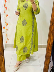 Launching Designer Kurti Pant Set  in *Cotton Fabric* with  beautiful *Block print sequin moti and  thread detailing Work*  giving perfect smart and Mesmerizing look