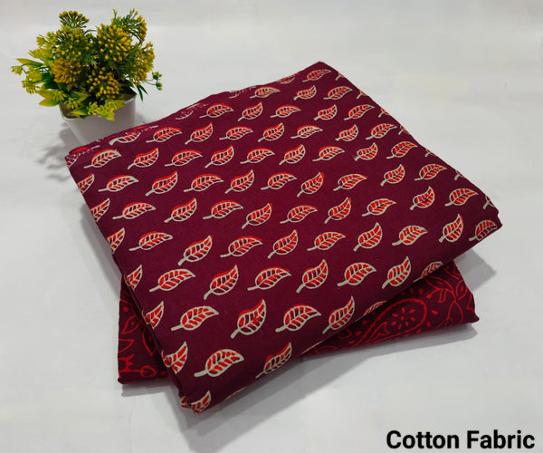 Wine Color Leaf Printed Cotton Fabric – Soft Kurti Dress Material(BFTB103)