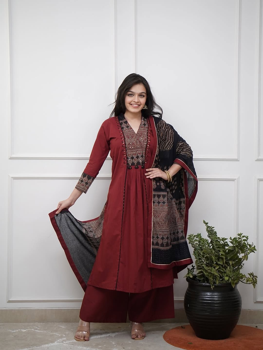 *Beautiful  A-line  kurti with hand mirror work.*

Cotton straight pant  

Cotton duppata