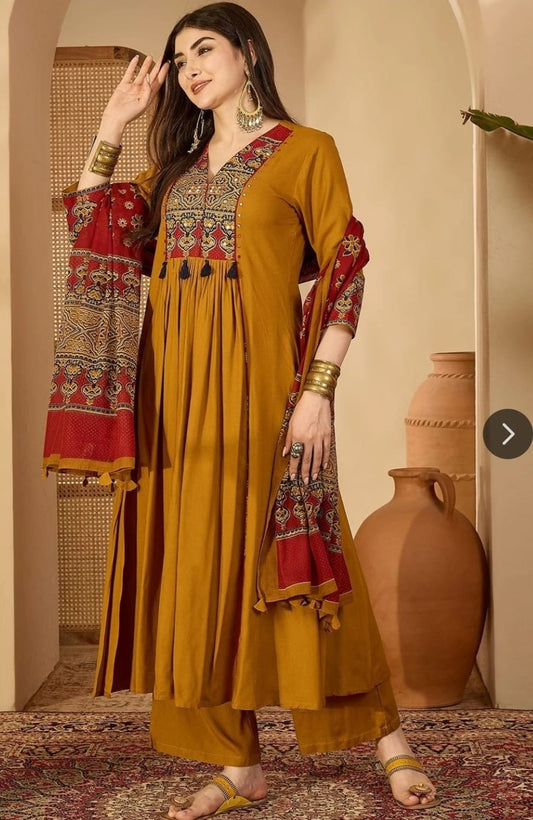 Mustard Yellow Anarkali Suit with Printed Dupatta for Women | Festive Ethnic Wear