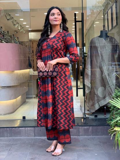 Red & Black Chevron Zigzag Print Cotton A-Line Kurta Palazzo Set
