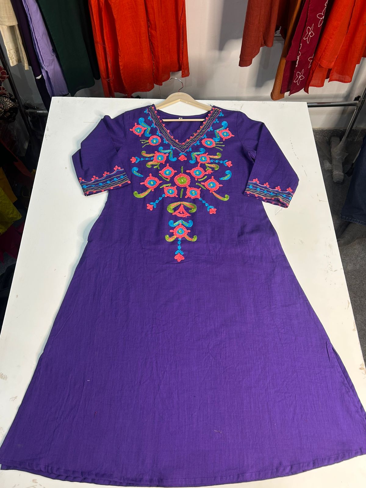 Purple Cotton Slub Kurta Palazzo Set for Women | A-Line Aari Work Embroidered Kurti with Pockets