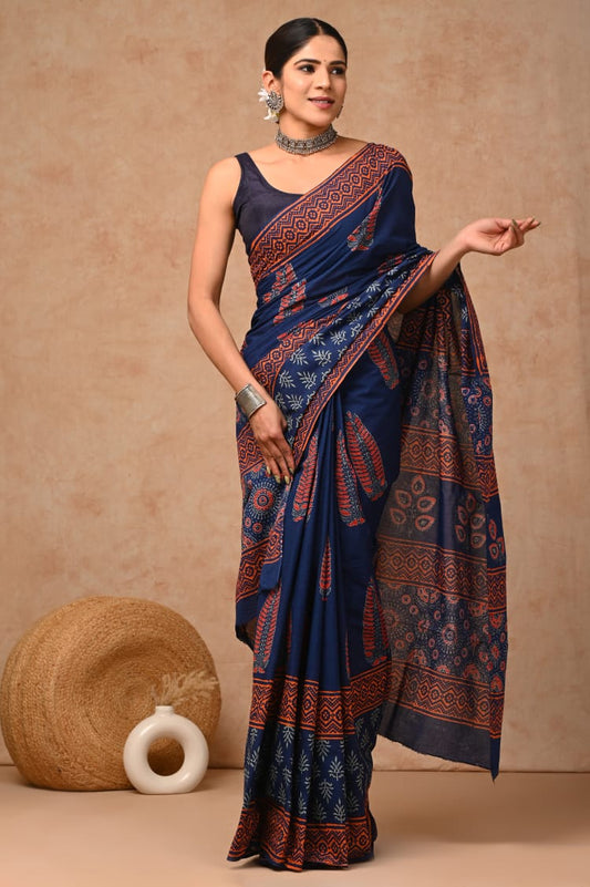 Navy Blue Hand Block Printed Cotton Saree with Blouse (BFCS54)