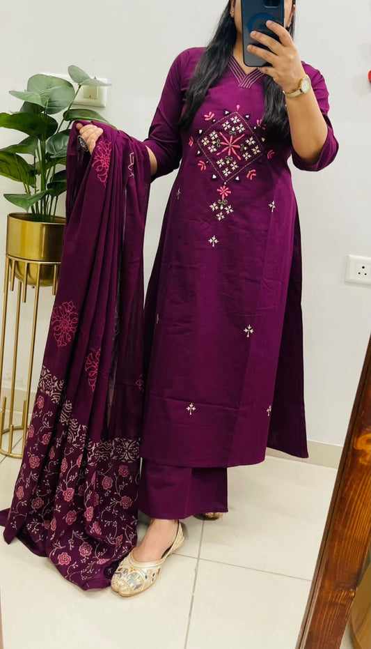 Wine Purple Heavy Cotton Embroidered Kurti Set