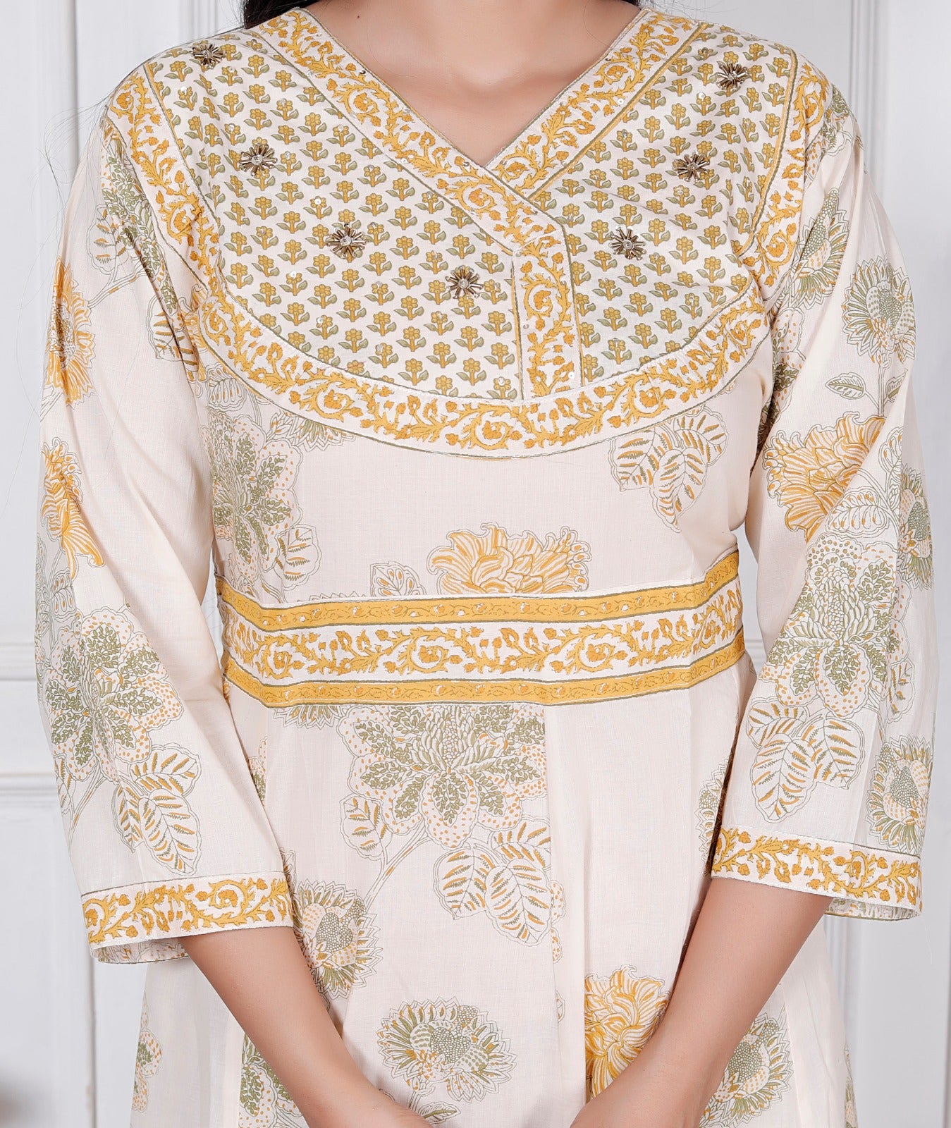 Mustard Yellow Floral Print Premium Cotton Anarkali Suit Set