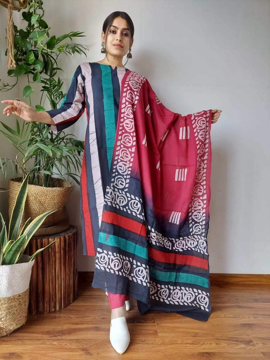 Multicolor Printed Cotton Suit with Dupatta for Women