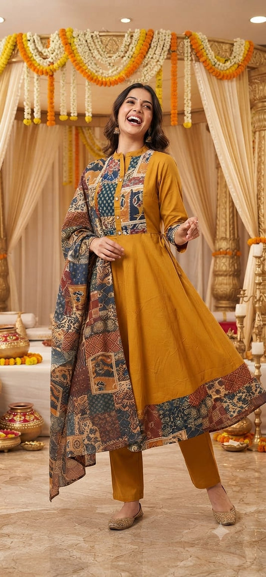 Mustard Yellow Premium Cotton Anarkali Suit for Women