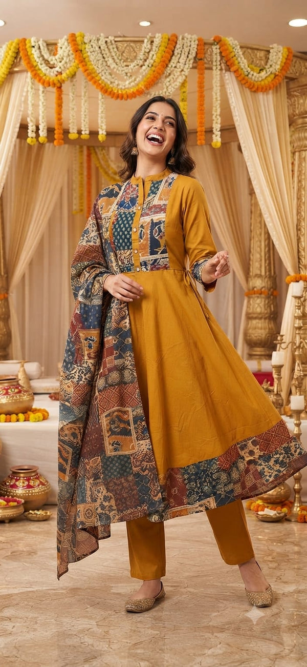 Mustard Yellow Premium Cotton Anarkali Suit for Women
