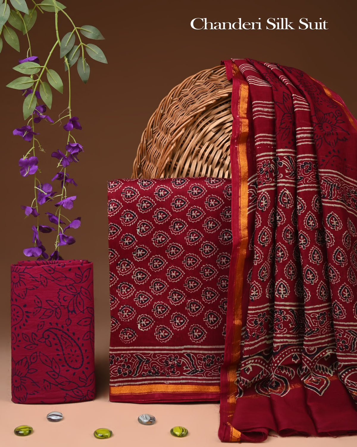 EXCLUSIVE HAND BLOCK CHANDERI SILK SUIT SET WITH CHANDERI DUPATTA