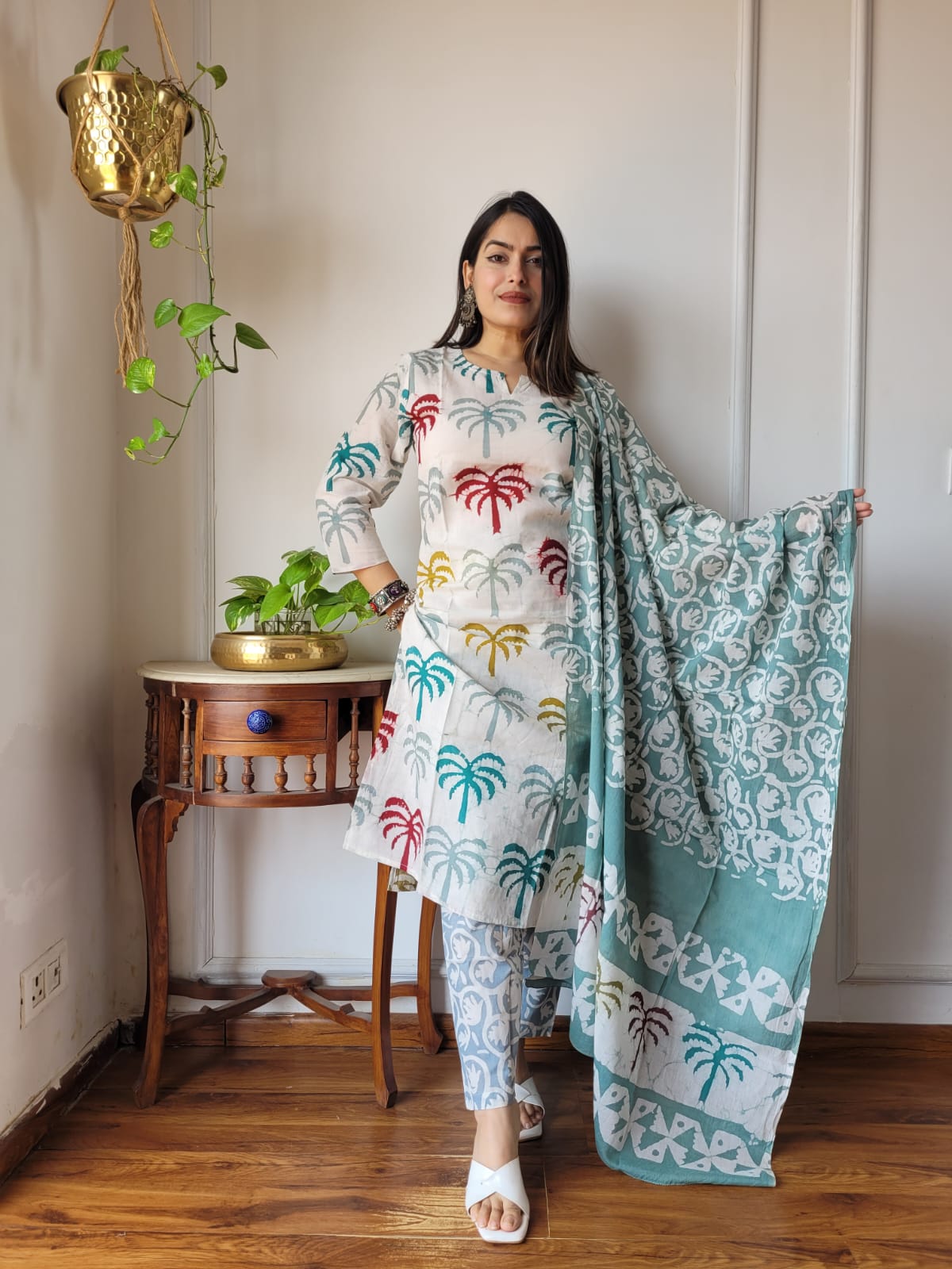 Ivory & Teal Hand Block Printed Cotton Suit for Women