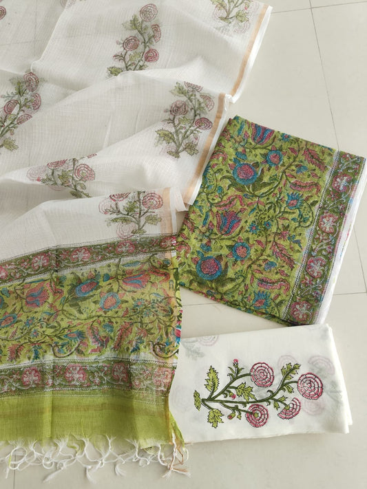 Bright Green Jaal Hand Block Print Kota Doriya Suit (BFFKO75)