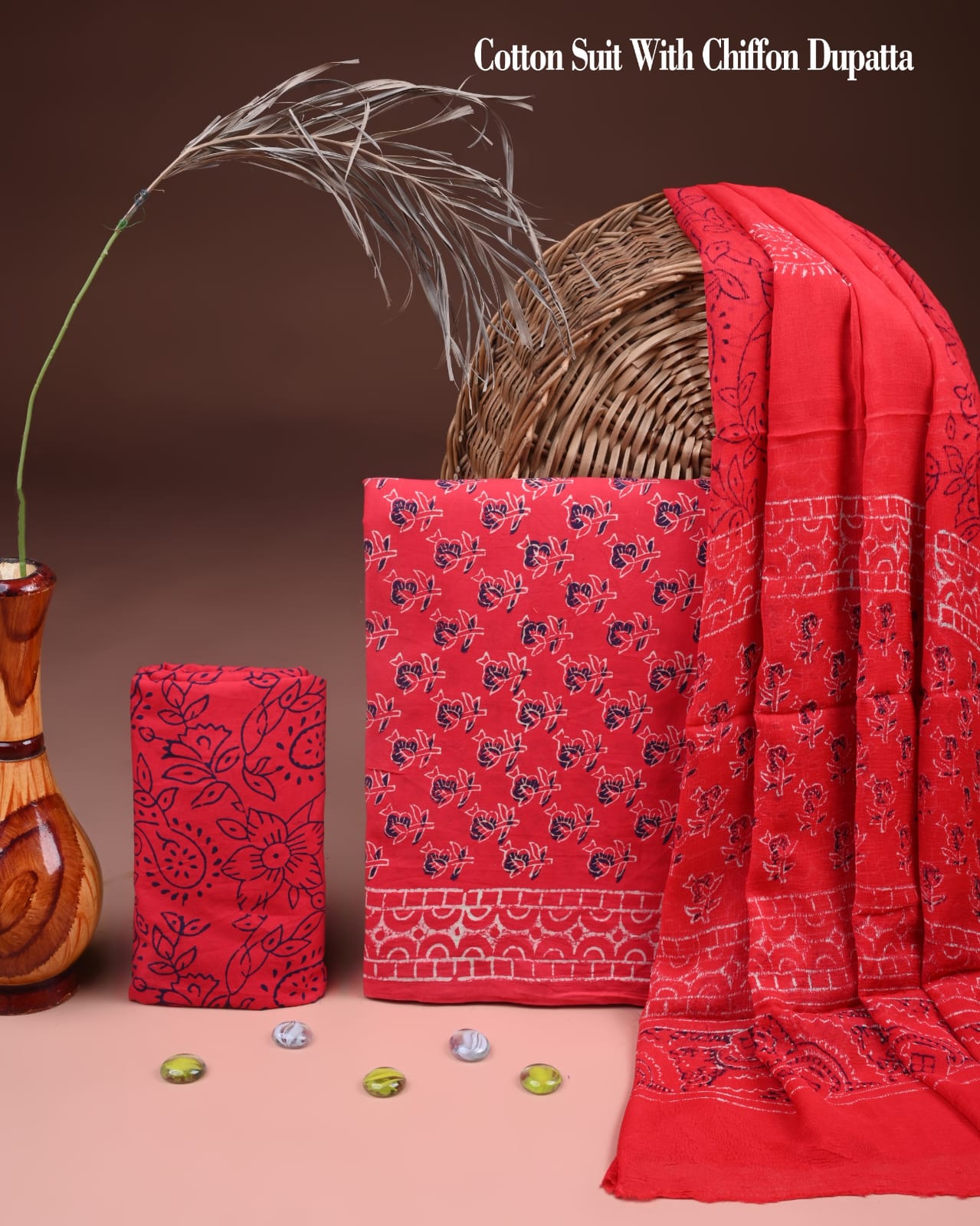 Premium  Hand Block Cotton Suit With Chiffon Dupatta Suit Sets(BFCC57)